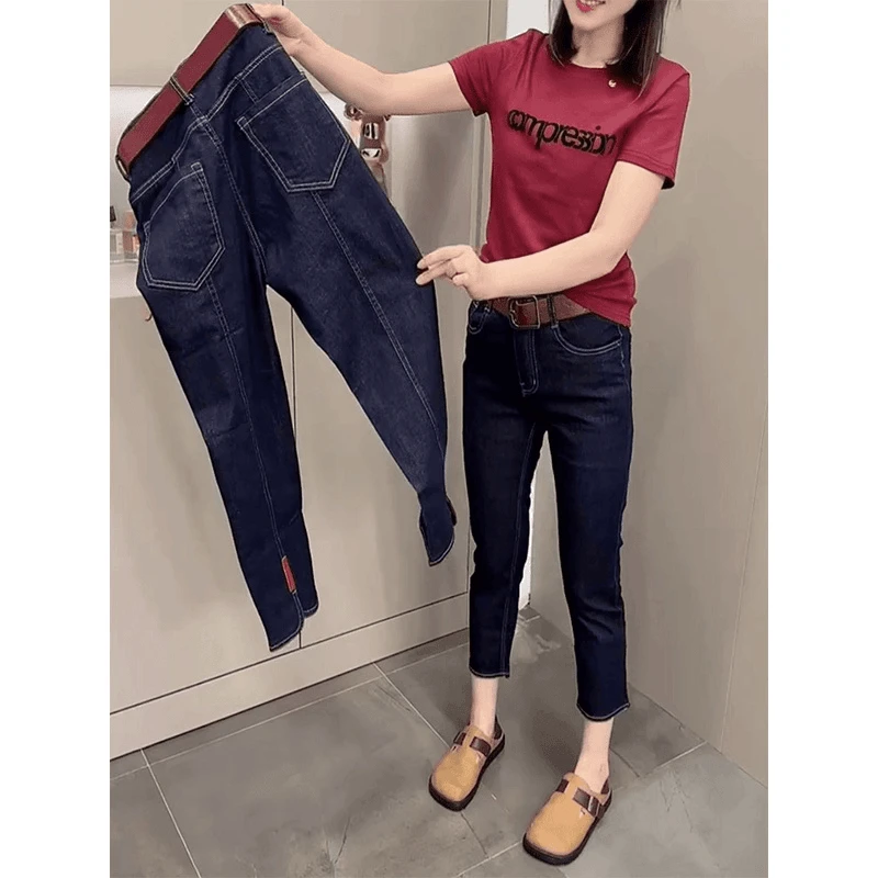 2024新款秋季胖mm弹力小脚牛仔裤女显瘦八分烟管裤大码直筒铅笔裤