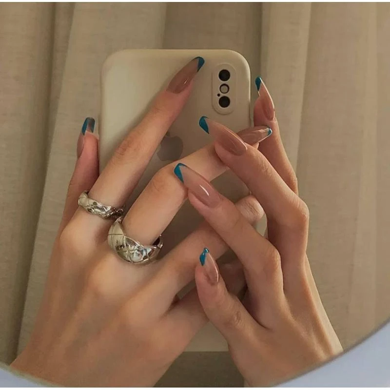 手工定制中长款穿戴甲气质显白简约法式辣妹鸳鸯美甲贴片可拆卸