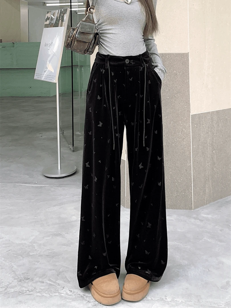 （春意）肌理感蝴蝶烫花秋季垂感宽松高腰直筒阔腿裤黑色丝绒丝绒裤