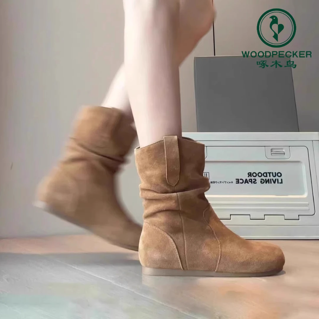 啄木鸟网红堆堆靴女2025年春秋新款百搭平底西部牛仔靴磨砂皮短靴