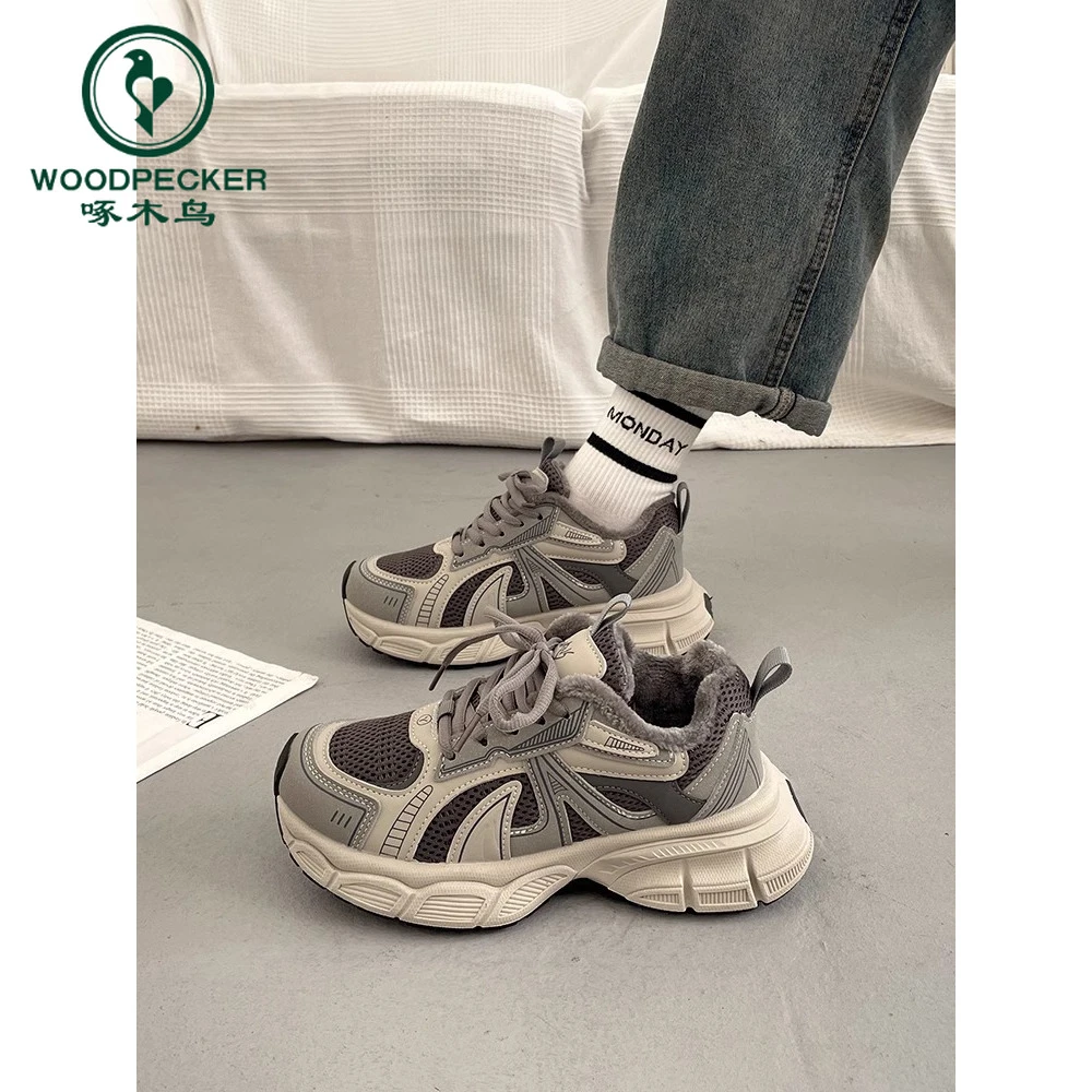 啄木鸟显脚小百搭厚底老爹鞋女冬加绒2024新款爆款休闲运动阿甘鞋