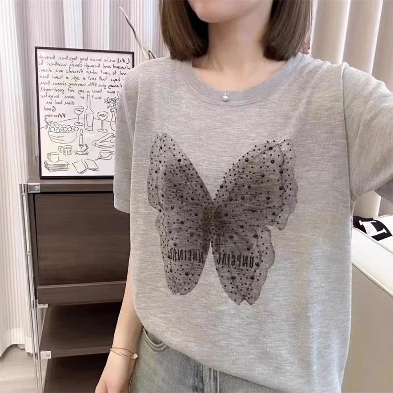 竹节麻短袖针织衫女薄款夏季新款时尚洋气宽松印花蝴蝶烫砖上衣