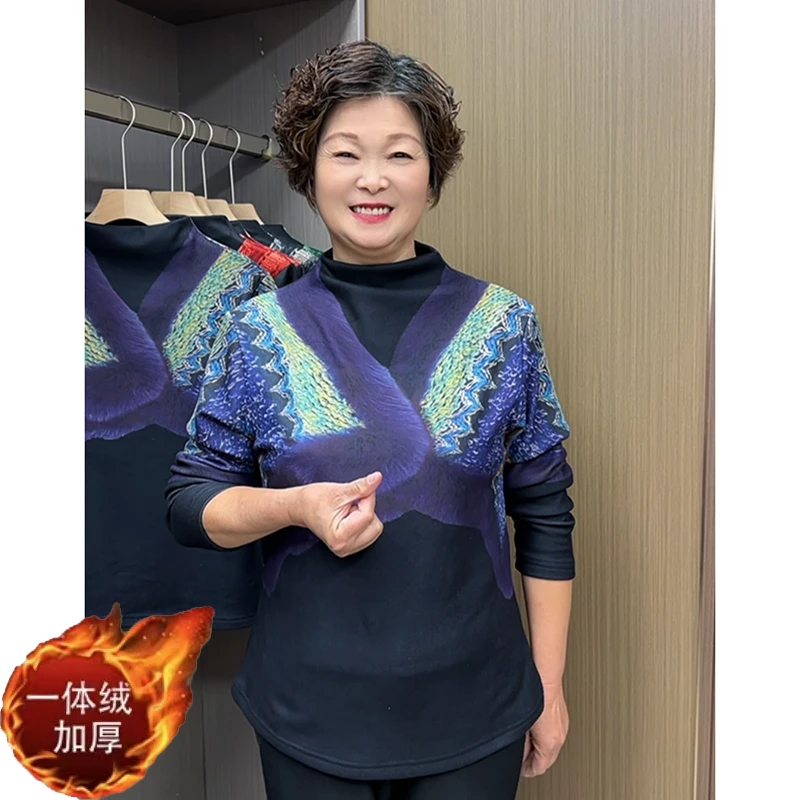 妈妈装时尚冬装加绒上衣3d一体绒洋气加厚保暖百搭半高领长袖