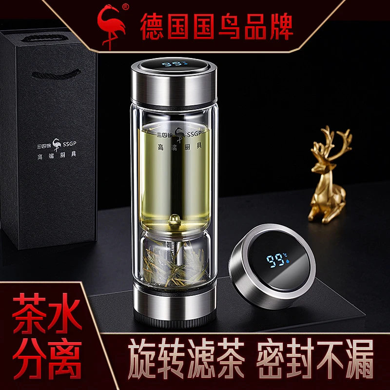 茶水分离玻璃杯男士双层泡茶杯子防烫高档智能显温车载水杯