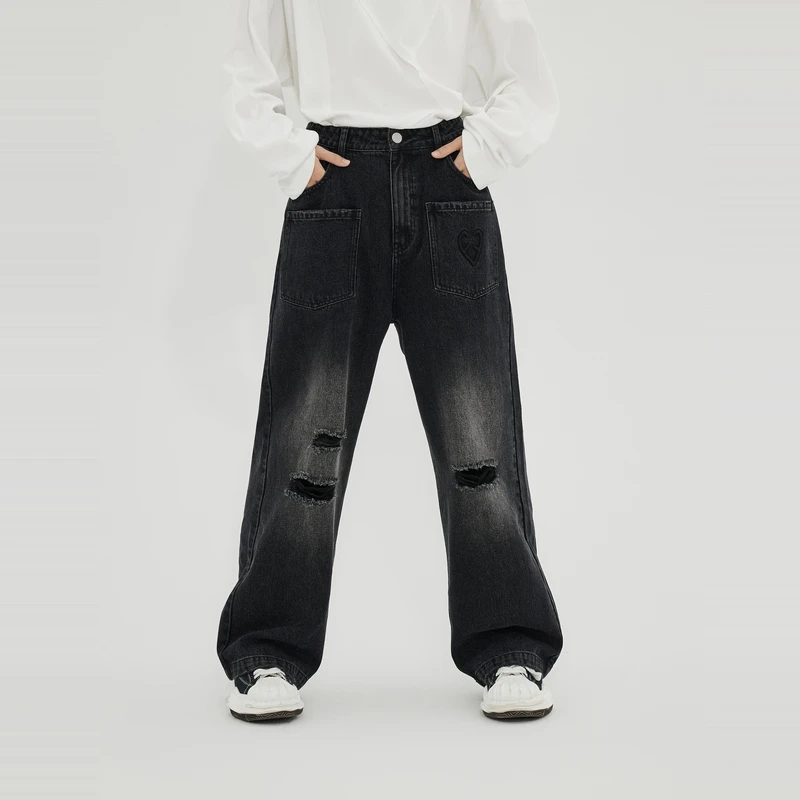 【INXX】ALLPICK 潮牌新品宽松直筒休闲破洞牛仔裤情侣APD4221591