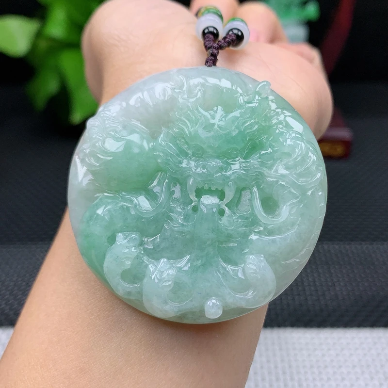 冰润 冰绿圆龙牌吊坠 龙牌挂件52.08g天然翡翠缅甸A货玉石
