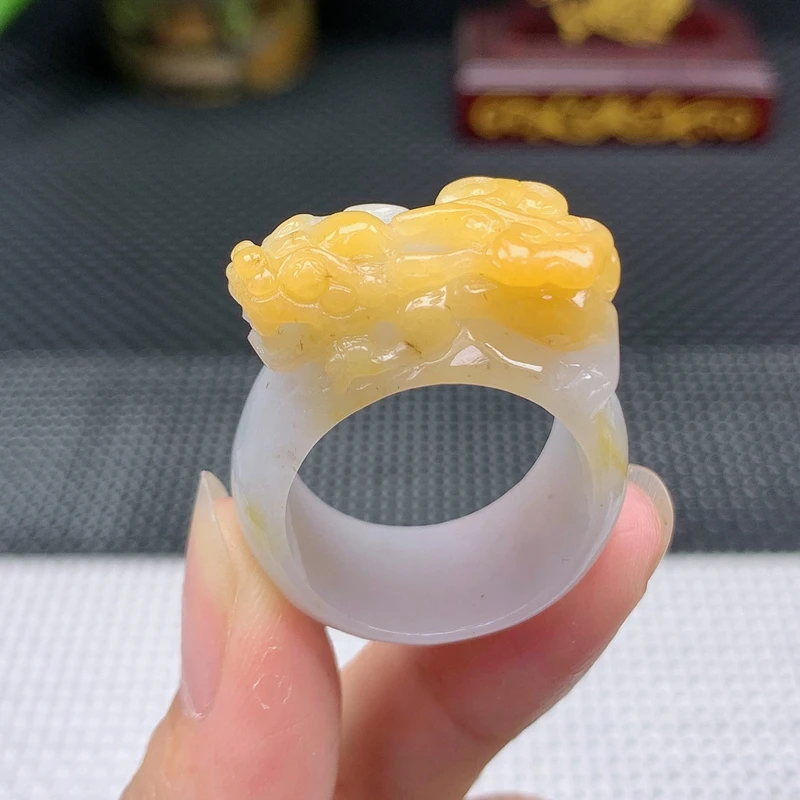 翡翠A货黄翡貔貅扳指玉石戒指宽边轮胎时尚16.40g