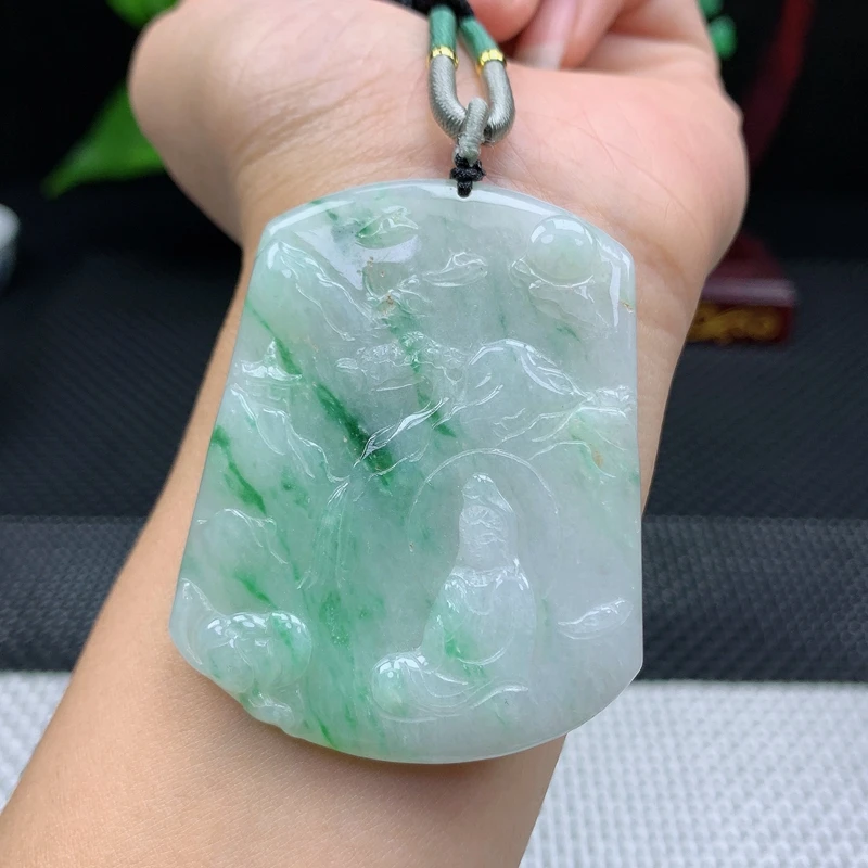 天然缅甸翡翠A货冰飘绿时尚观音吊坠玉石挂件晒金