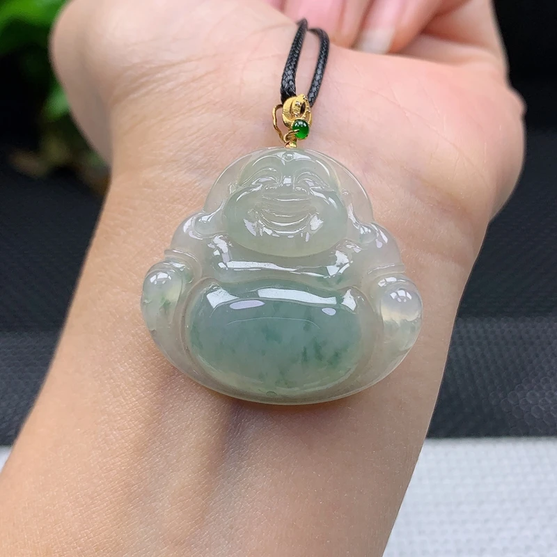 天然缅甸翡翠A货冰飘花18k金扣佛公吊坠笑佛玉坠8.93g