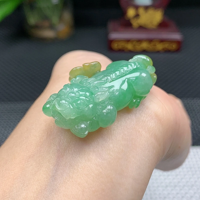 冰绿黄加绿双彩玉貔貅吊坠精雕挂件玉坠天然缅甸翡翠A货19.10