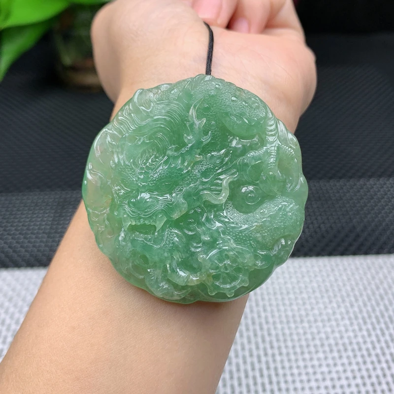 天然缅甸翡翠A货冰润满绿龙牌玉坠玉石精雕挂件50.55