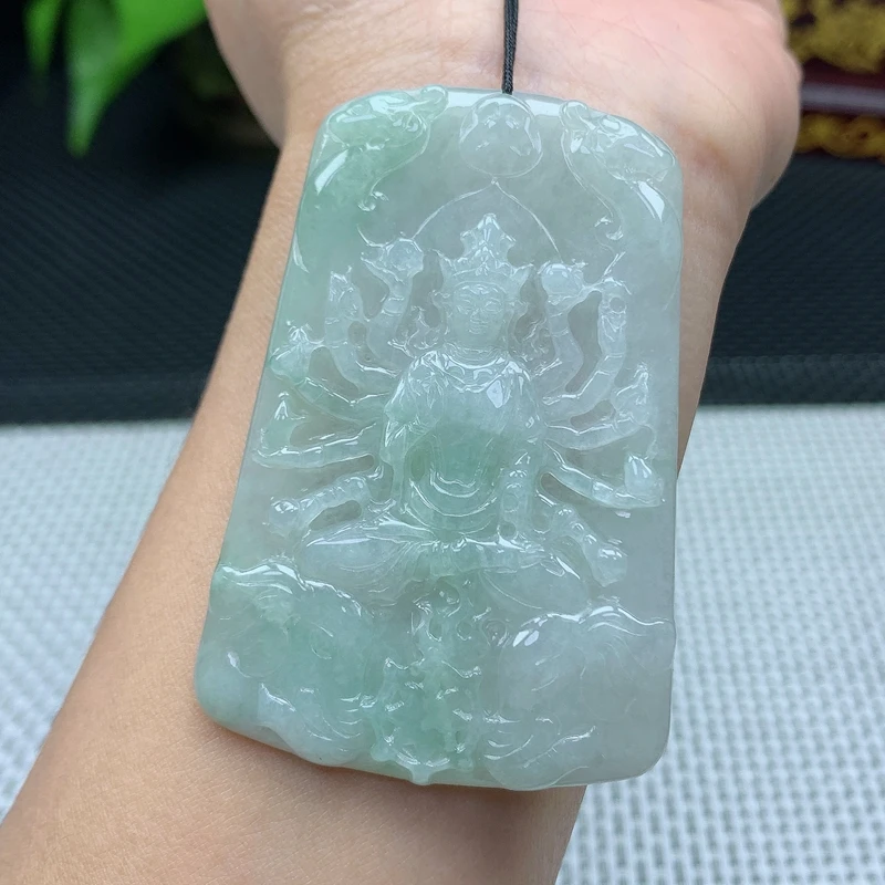 天然缅甸翡翠A货千手观音菩萨吊坠守护神玉石挂件30.97g