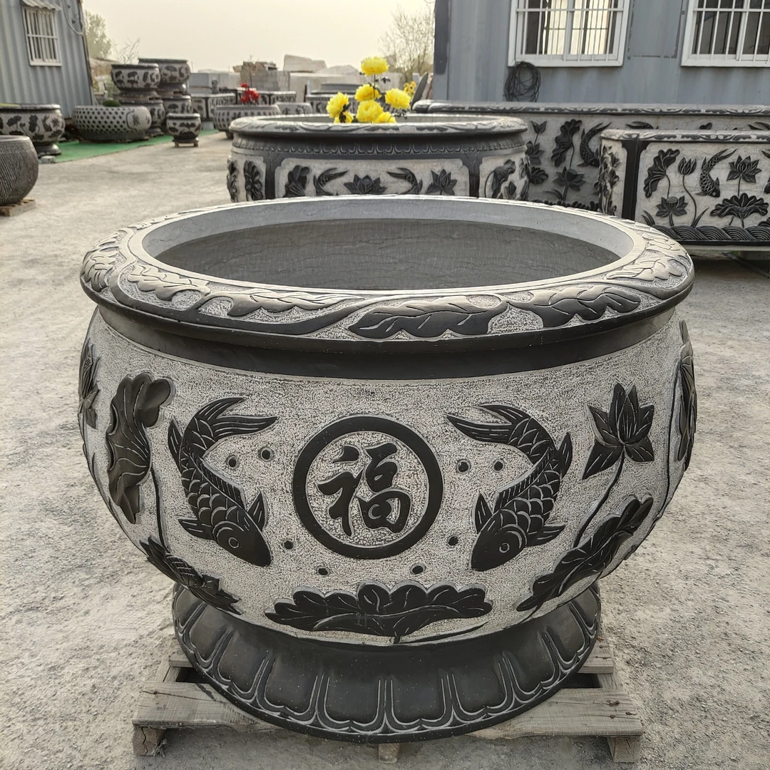 石雕鱼缸青石荷花缸新中式手工水缸户外庭院园林景观雕刻落地摆件