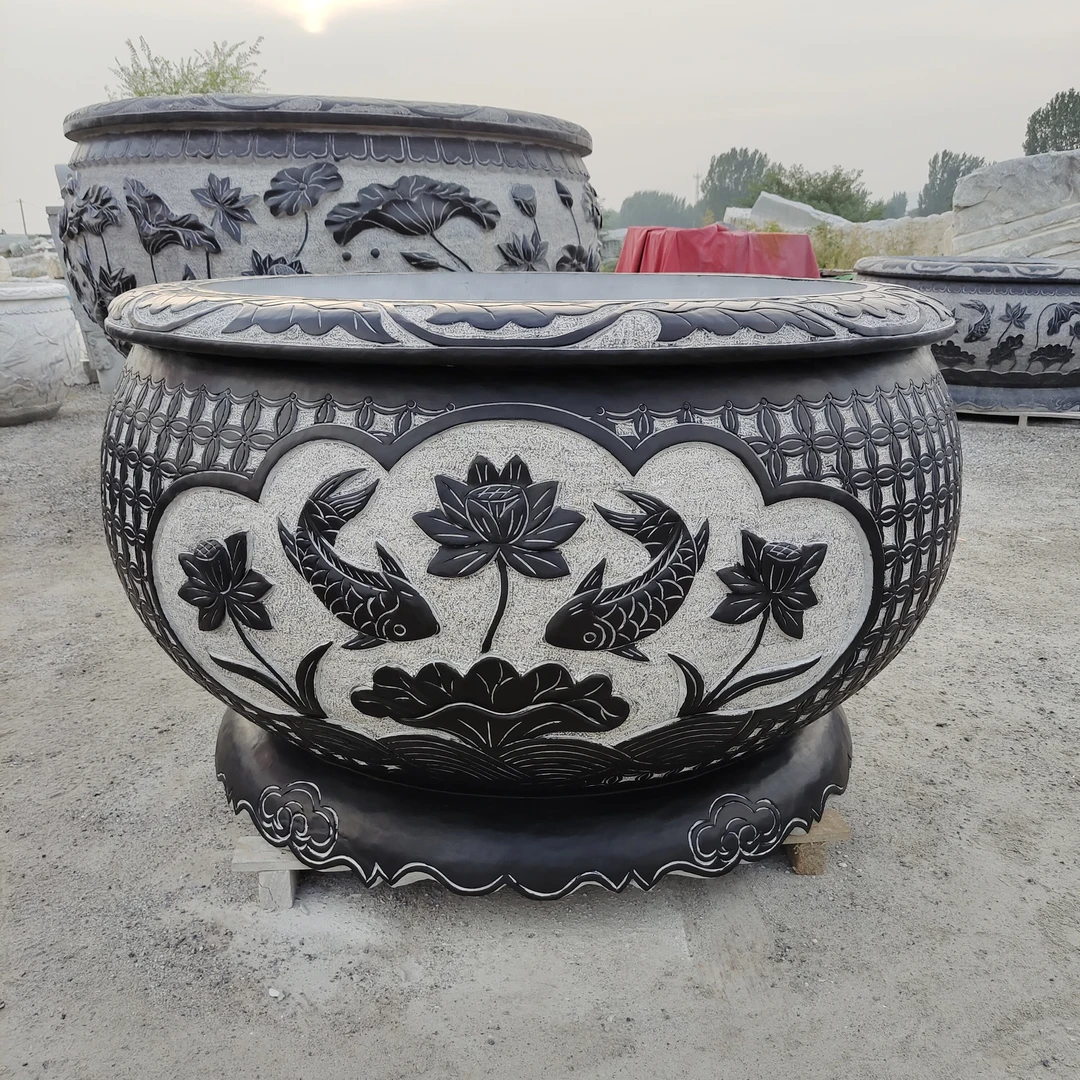 石雕鱼缸青石刻花户外庭院别墅广场园林养鱼种花水缸基础摆件