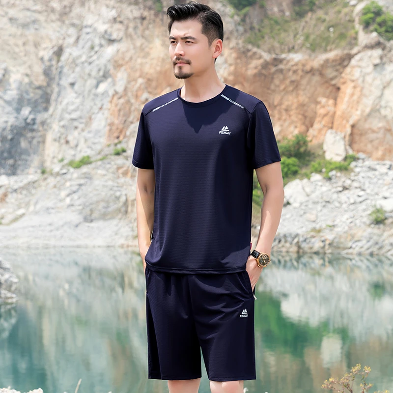 爸爸冰丝运动套装男士夏季速干短袖短裤套装中老年休闲运动服薄款