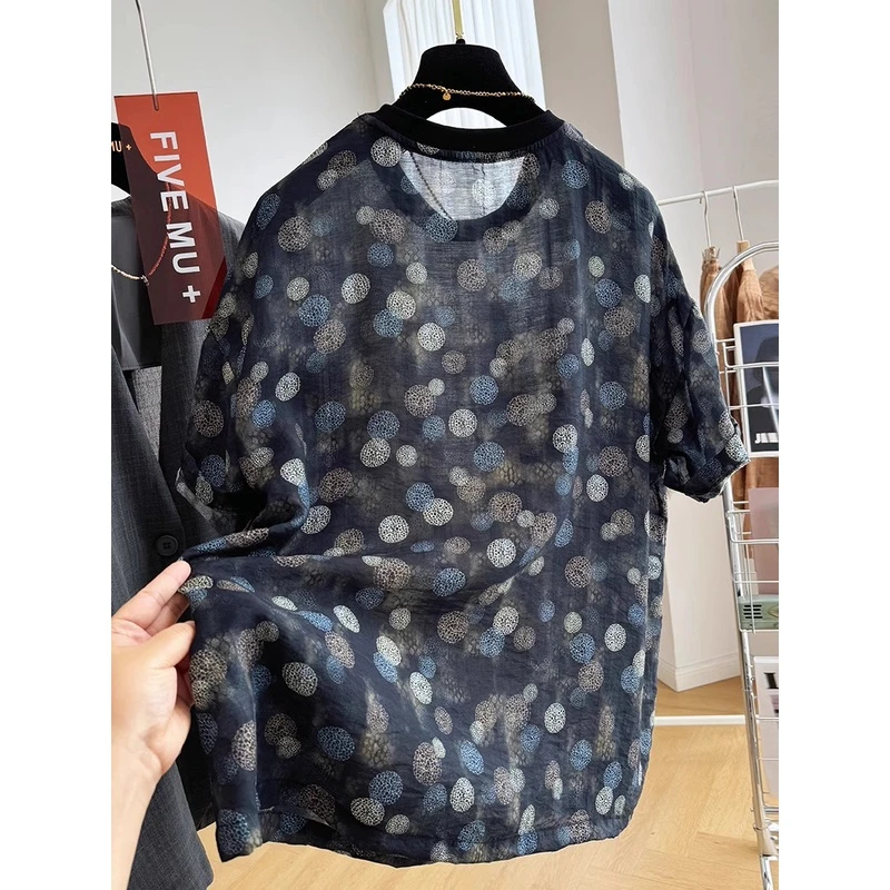 圆领撞色不规则波点雪纺衫女夏季大码胖妹妹高级气质显瘦宽松上衣