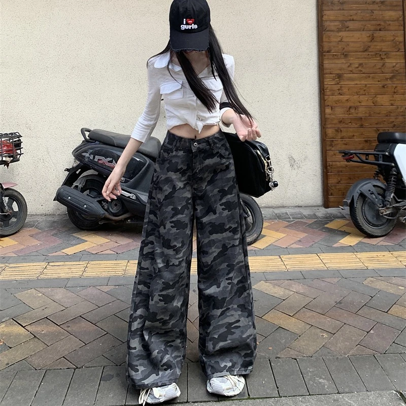韩系氛围感穿搭迷彩阔腿长裤女款小个子早秋新款宽松休闲拖地长裤