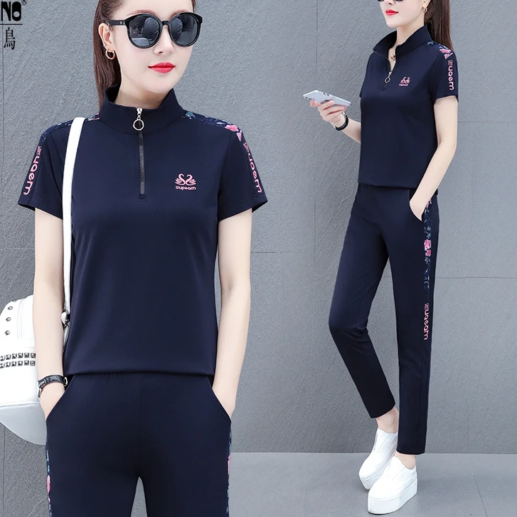 显瘦休闲运动女士夏季薄款时尚两件套装短袖立领长裤运动服洋气女