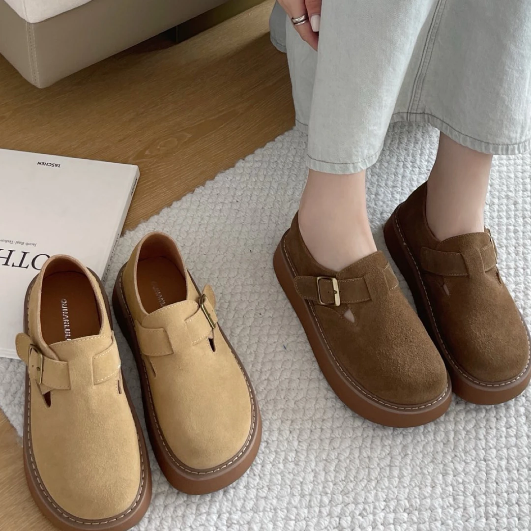 真皮休闲运动全包复古美拉德一脚蹬厚底大头丑萌单鞋懒人勃肯鞋女