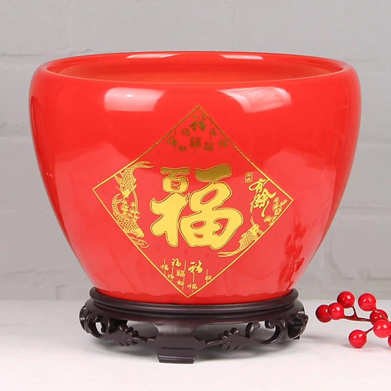 新中式桌面陶瓷花盆大号过年喜庆带托盘新年红福装饰绿植蝴蝶兰盆