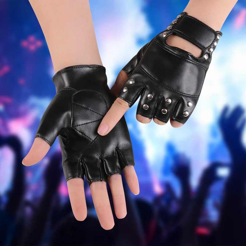 时尚半指皮手套舞蹈跳舞演出铆钉PU女皮半指夜店跳舞街舞表演手套