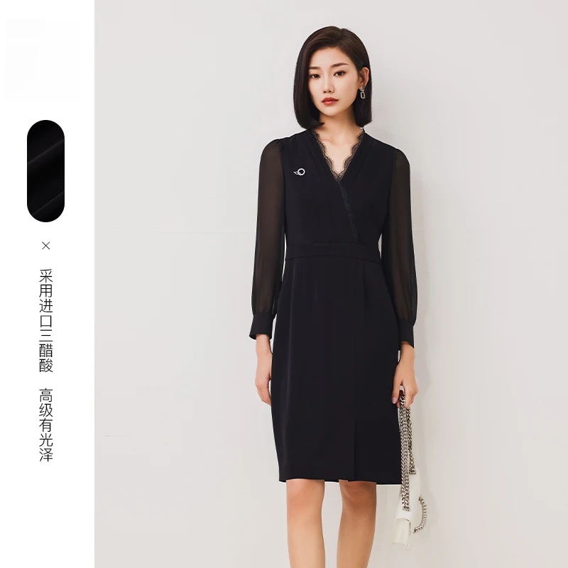 赢智尚新款气质时尚大方黑色X型收腰优雅显瘦连衣裙长袖ZF02414