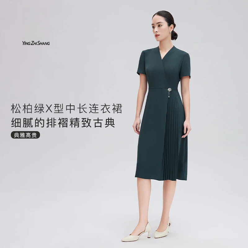 赢智尚高级绿色连衣裙2024夏新款显瘦中长款连衣裙职场ZF02861