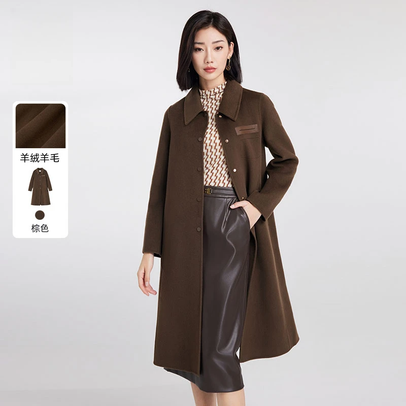 赢智尚气质双面呢羊绒羊毛大衣女棕色复古H型中长款大衣女ZL00229