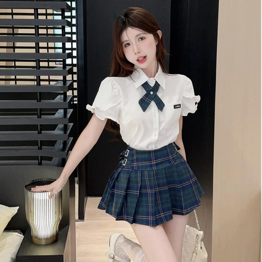 纯欲学院风jk制服套装夏季气质显瘦白色衬衫高腰格子裙辣妹两件套