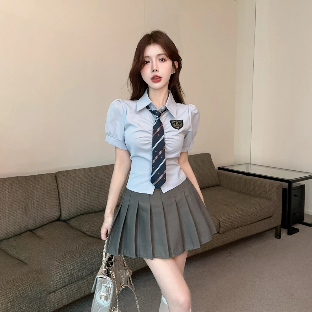 学院风收腰短袖蓝色衬衫女夏季气质显瘦短款衬衣辣妹jk百褶裙制服