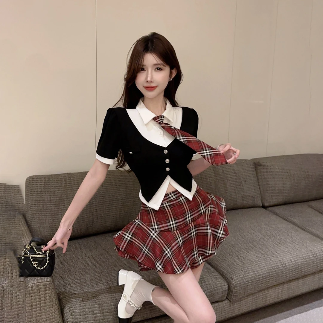 辣妹学院风jk制服夏季设计感polo领显瘦短款上衣高腰格子裙两件套