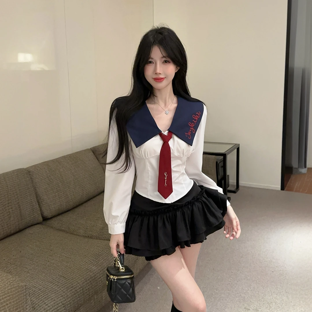 韩系制服学院风辣妹JK套装秋季气质显瘦白色衬衫高腰蛋糕裙两件套