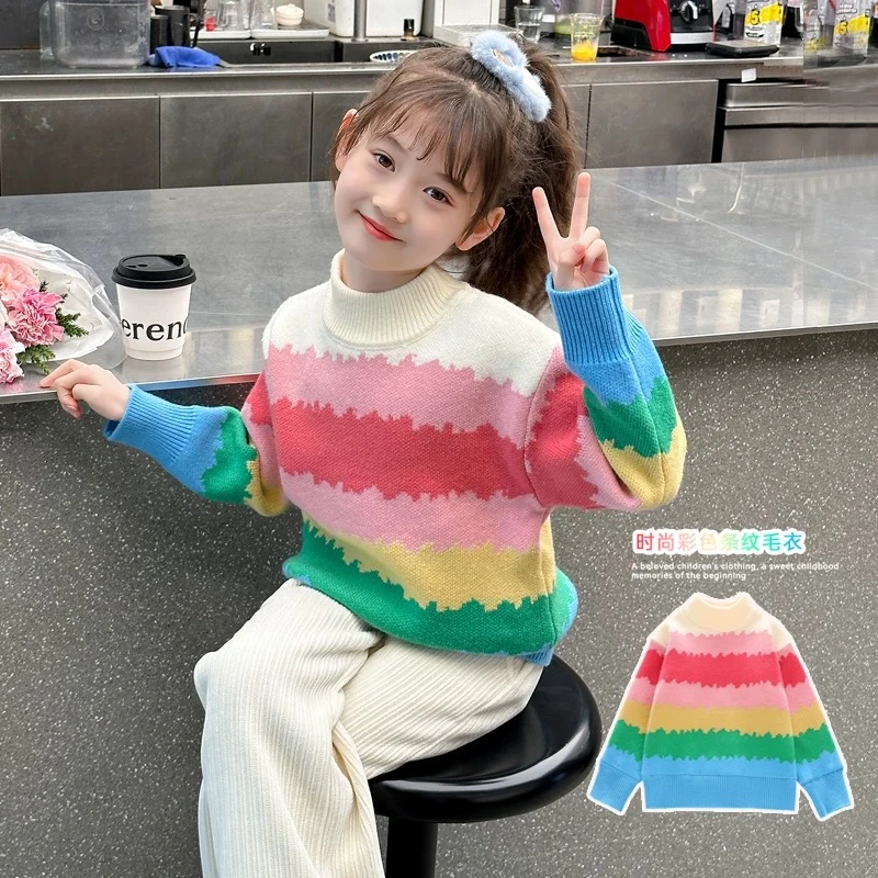 婧【亲子装】女童毛衣2024新款冬季加厚针织衫中大童半高领打底衫