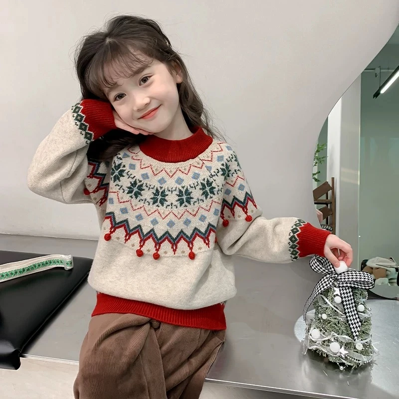 婧【亲子装】女童保暖毛衣2024秋冬款儿童洋气韩版圆领套头针织上衣