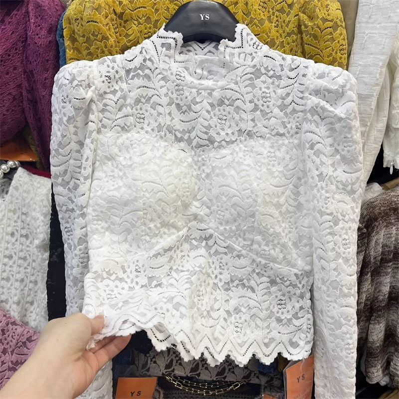 半高领蕾丝打底衫女2023早秋泡泡袖镂空修身洋气纯欲短款上衣小衫