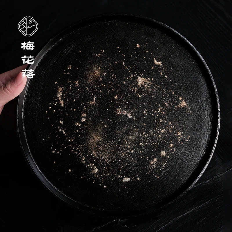 梅花落栗木胎大漆茶盘圆形侘寂星河壶承托盘干泡盘收纳盘阿超手作