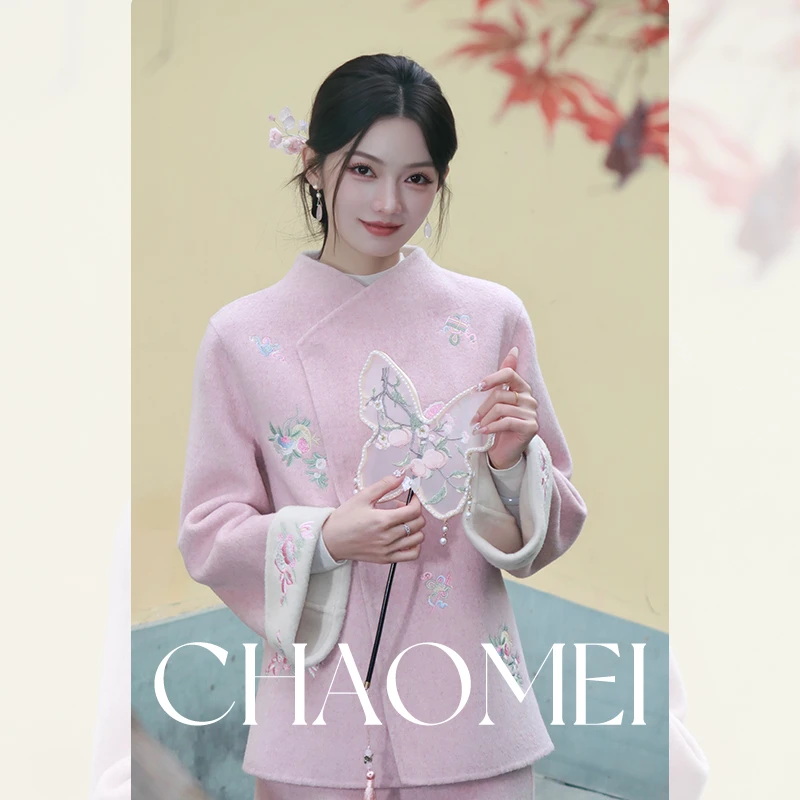 冯（CHAOMEI【水蜜桃】国风刺绣100羊毛双面呢外套+半裙TG02445