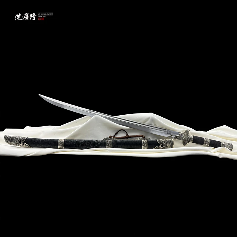 龙泉沈广隆 御龙明刀 黑鱼皮 白铜 花纹钢 手工 宝剑 未开刃