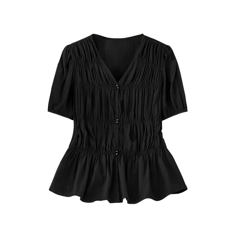 她池2025夏季新款女装时尚纽扣设计感显瘦V领短袖衬衫T42B1632C
