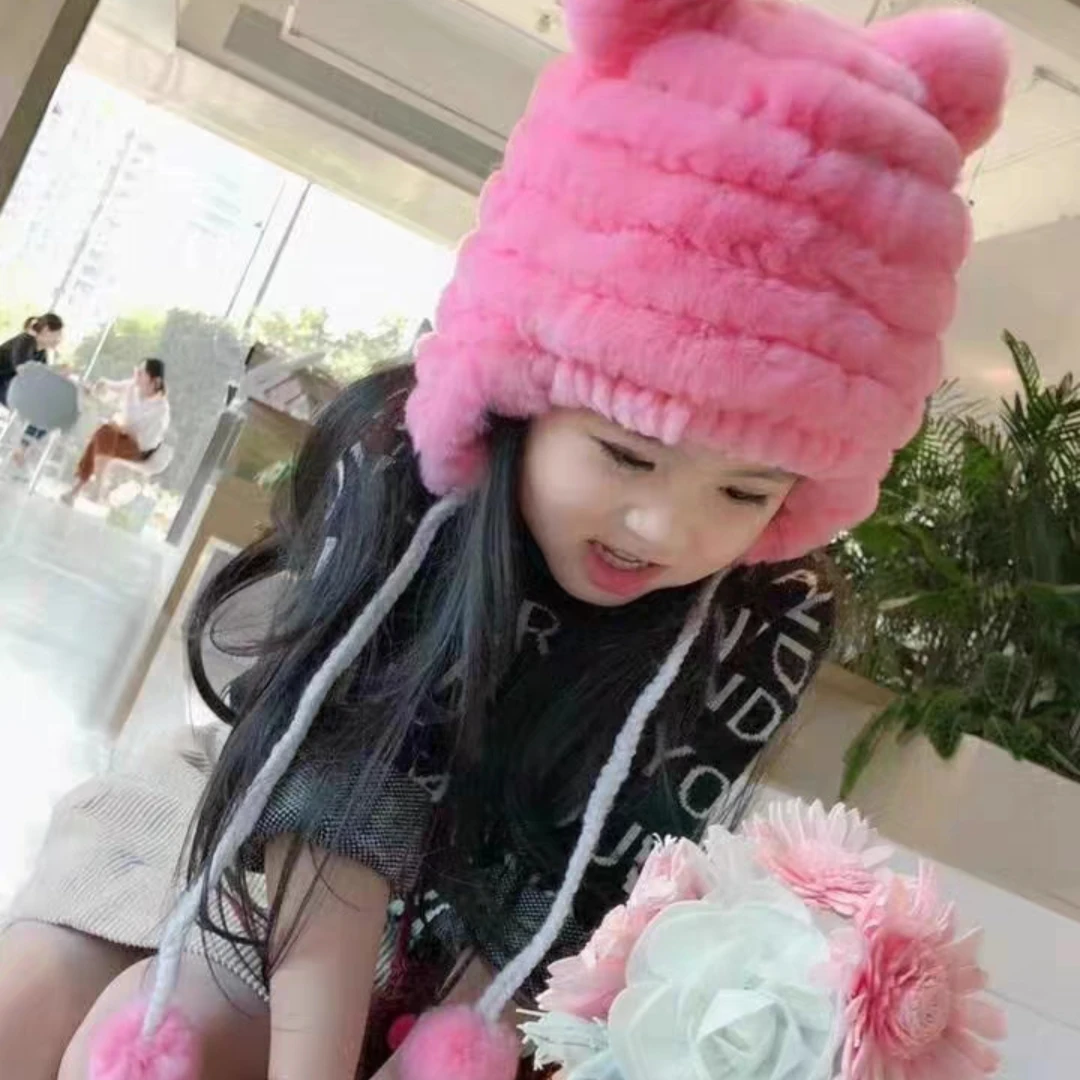 獭兔毛帽子男女孩冬保暖护耳帽子韩版熊耳朵可爱帽子