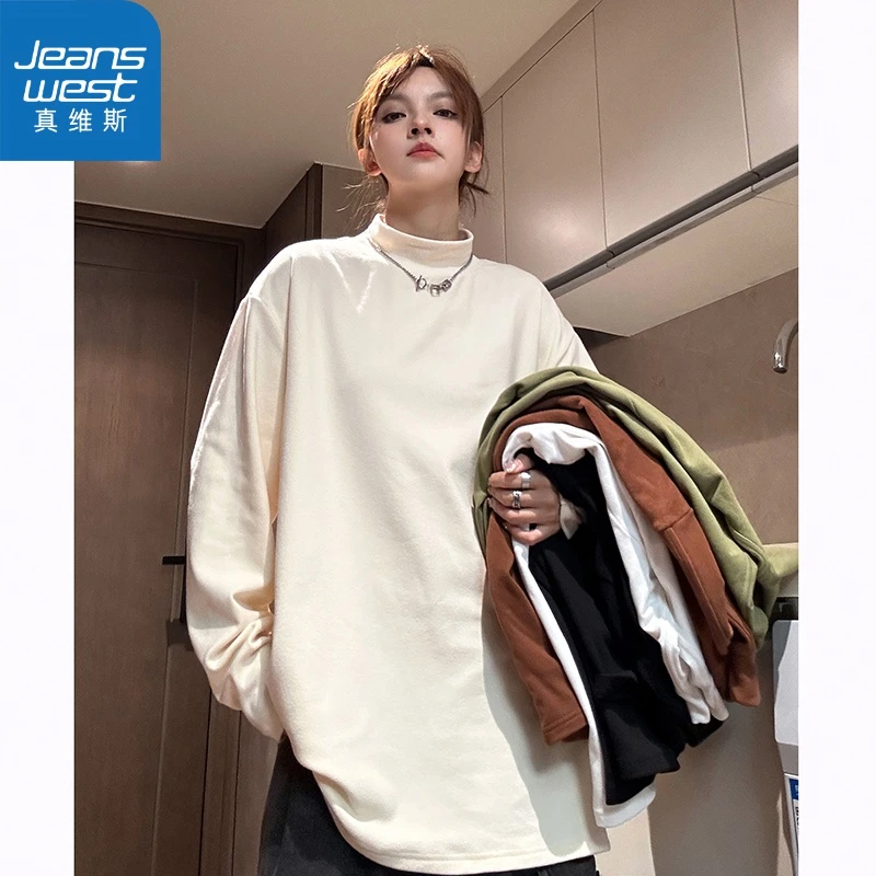 真维斯半高领绒德长袖t恤2024新款春秋季打底衫内搭外穿上衣卫衣