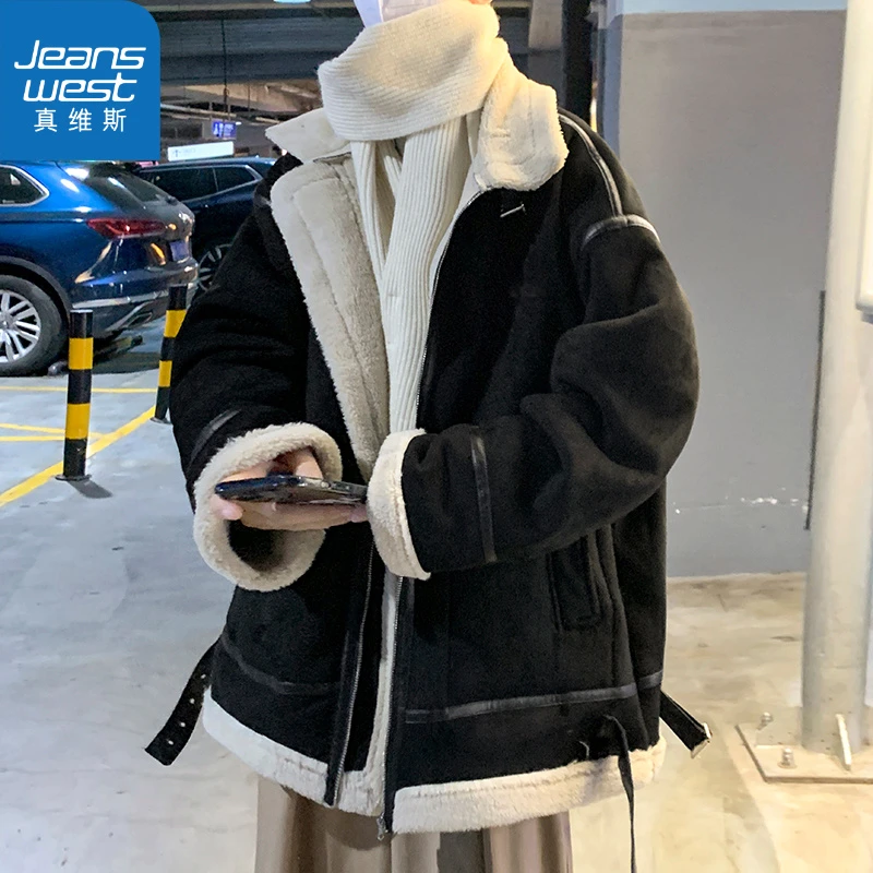 真维斯棉衣男冬季潮流ins宽松翻领加厚棉服潮牌皮毛一体机车外套