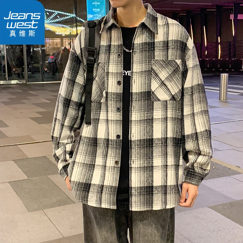真维斯新款韩版宽松格子衬衫男女情侣装休闲百搭长袖衬衣外套潮