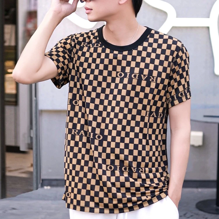 【两件装】夏季新款男士时尚潮流格子冰丝短袖薄款透气圆领T恤