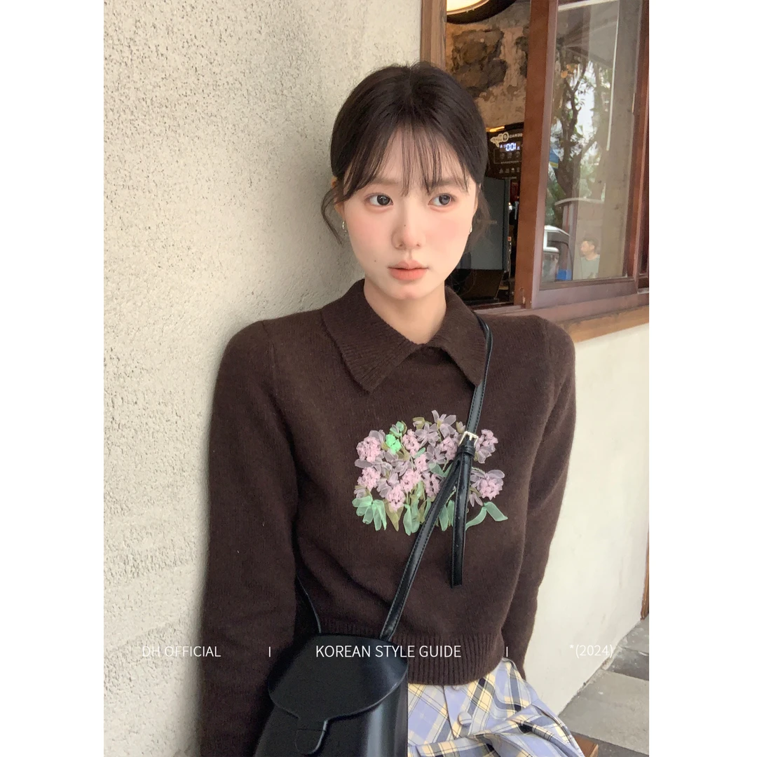 清DH OFFCIAL大花【柔雾花海 Flower】复古花卉刺绣翻领毛衣女秋冬