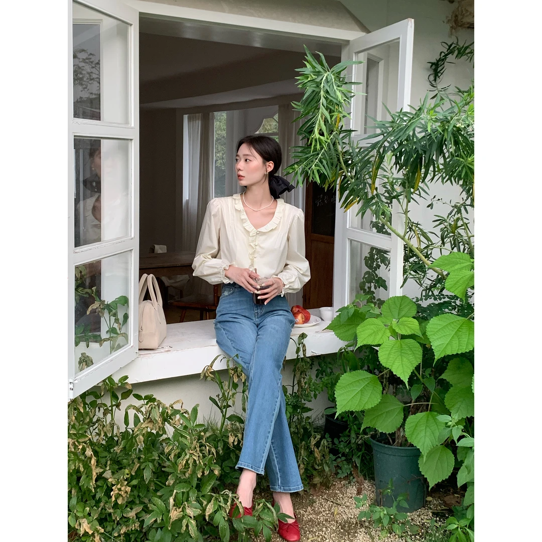 【现货】DHOFFICIAL大花【夏季大吉白茶】小众木耳边长袖衬衫上衣女