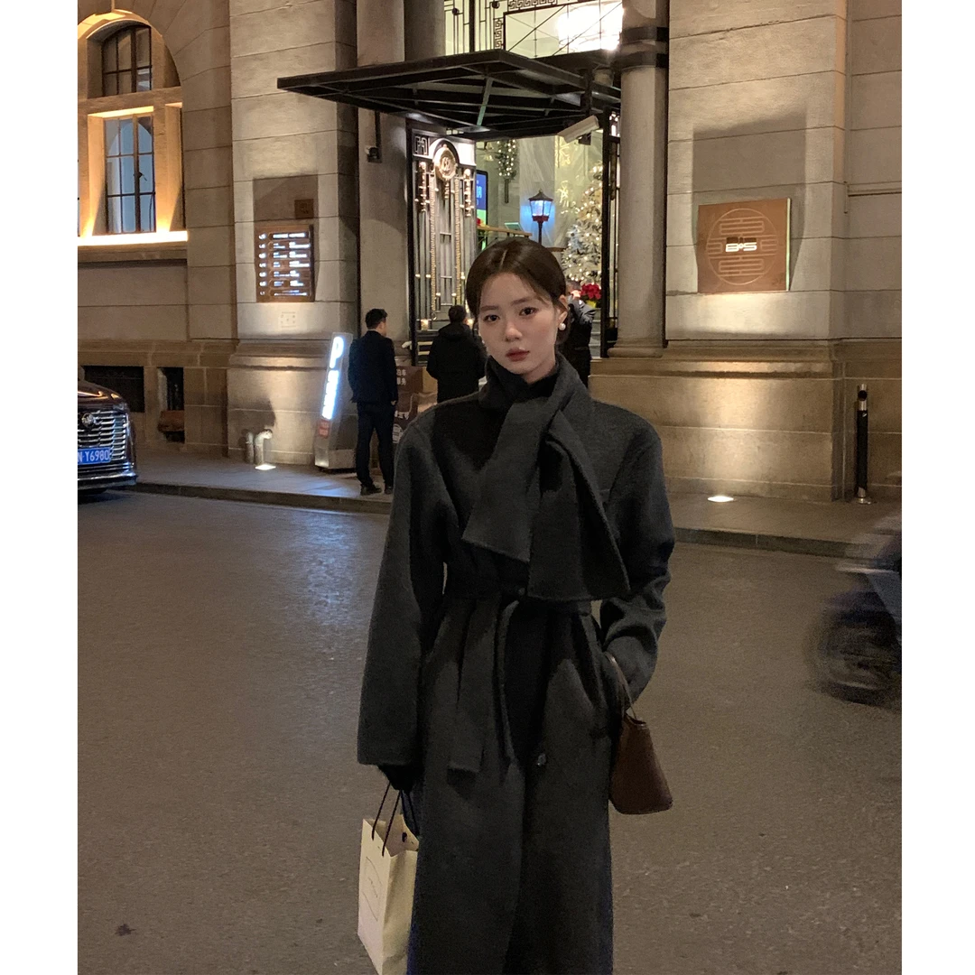 DH OFFICIAL大花【伯克利Girls】毛呢外套黑色厚大衣中长款韩系保暖