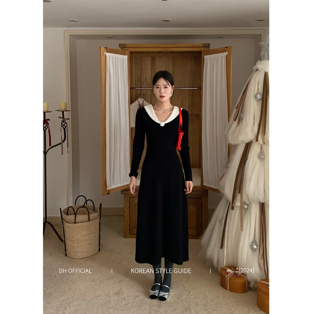 DH OFFICIAL 大花【午夜山茶 dress】法式复古显瘦毛织黑色连衣裙