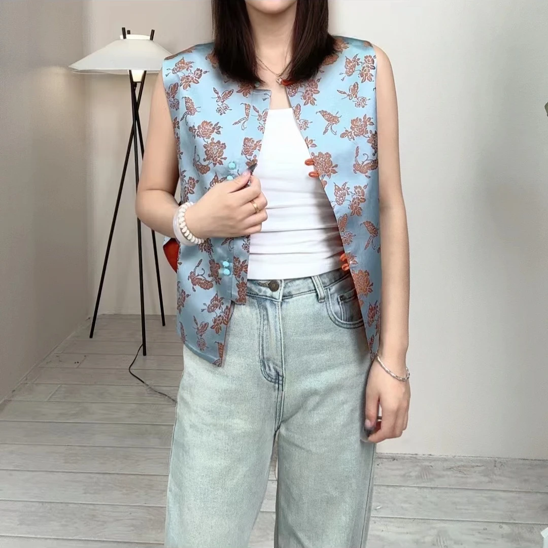 雅姿锦[微瑕橙蝶]宋锦双面双穿女士新中式国风马夹661365