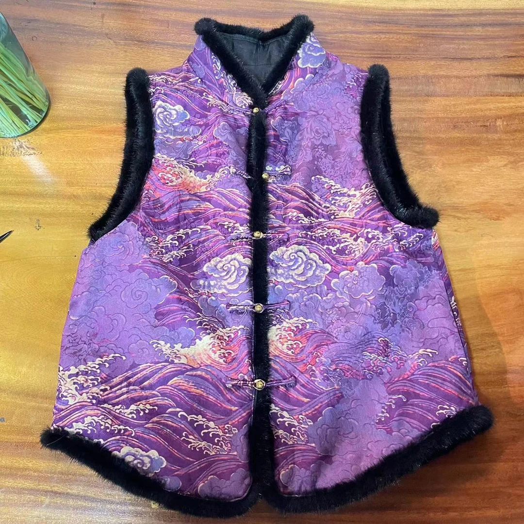 雅姿锦 断码福利【紫豹】新中式拼接龟裂纹马夹6576650